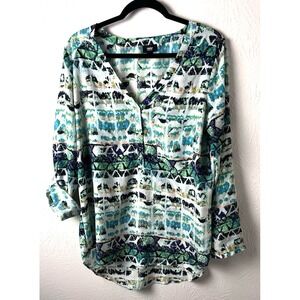 Mossimo‎  Wm's Abstract Artsy Henley Colorful Popover Roll-Tab Sleeve Top Large